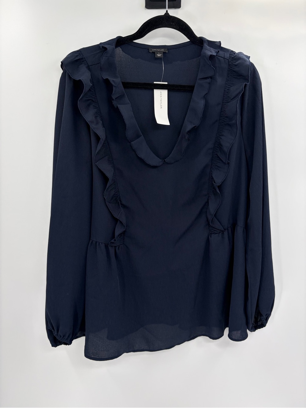 Ann Taylor Ruffle Blouse boho Blue Long Sleeve V Neck Peplum Chiffon large NWT